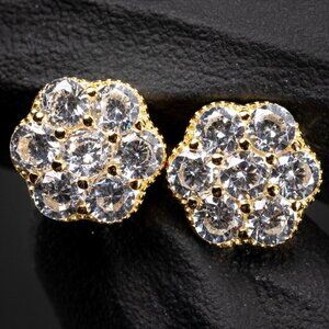 Flower Cluster Brilliant Iced Cz Yellow Gold 925 Sterling Silver Stud Earrings